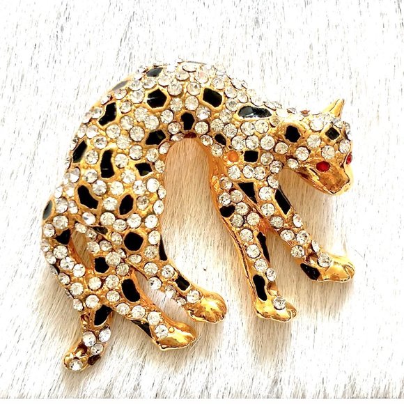 HP🎉 Vintage Leopard Rhinestone Brooch Pin - Picture 1 of 6